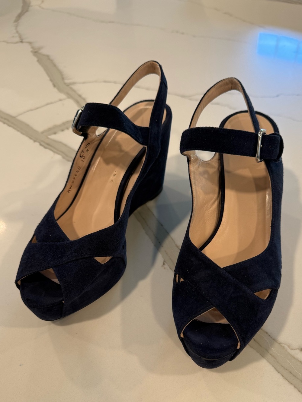 Stuart Weitzman Women’s Navy Suede Wedge Peep Toe Sandals with Ankle Strap 10